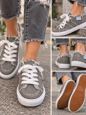 Obtaom Women's Frayed Canvas Lace-Up Sneakers - Gray